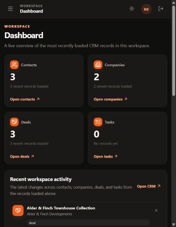BuildOS Northstar demo dashboard with summary cards for contacts, companies, deals, tasks, and recent workspace activity.
