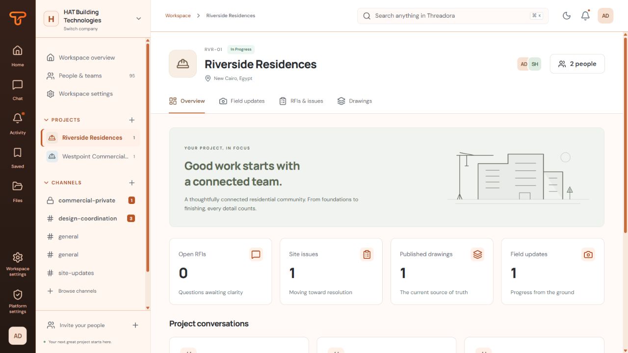 Threadora demo project hub with project conversations and summary cards for RFIs, site issues, published drawings, and field updates.