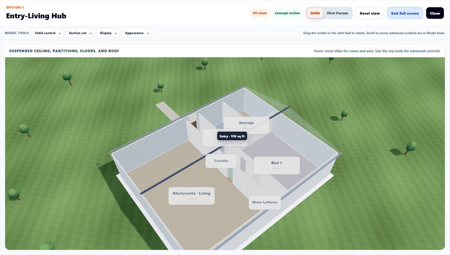 VisionMatch interactive 3D model of a fictional residential concept with visible room labels and building display controls.