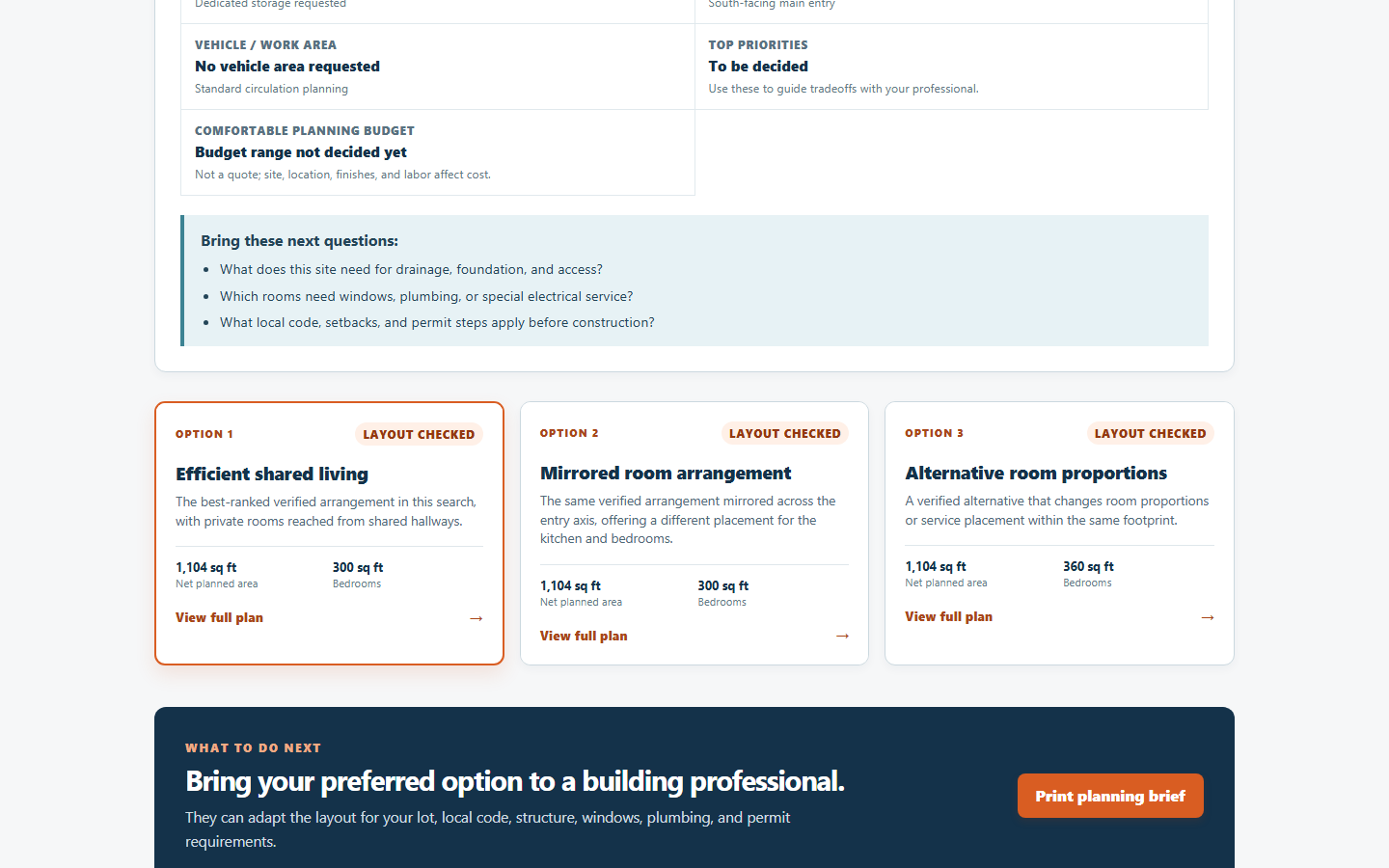 VisionMatch comparison screen showing three checked layout directions side by side with clear names, planned area, bedroom area, and links to view each full plan.