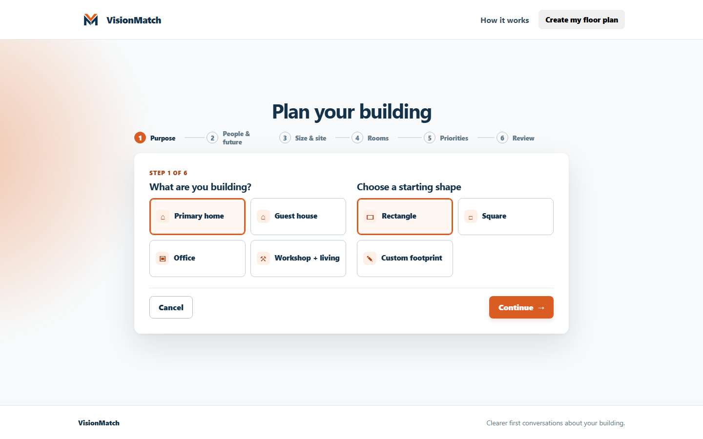 VisionMatch plan builder at step one of six, showing building-purpose choices and starting-shape choices in a focused, icon-led form.